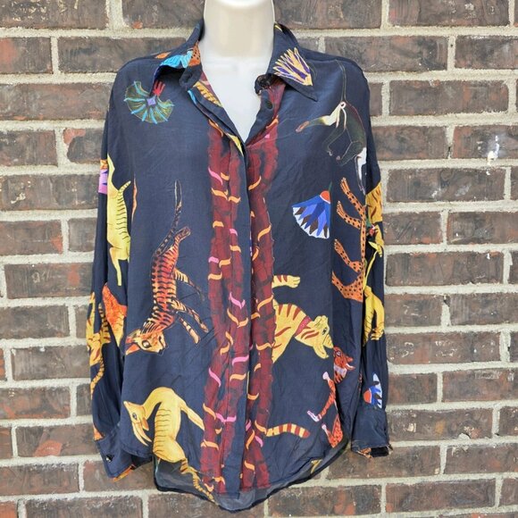 Mimi Liberte By Michael Klein Two Piece Blackk Shirt Top Set Jungle Cats Size L - Picture 5 of 14